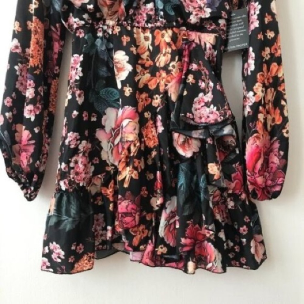 Torn By Ronny Kobo Black Floral Asymmetric Ruffled Mini Dress Size L - Picture 5 of 6